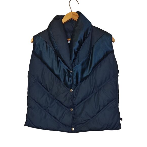 VINTAGE Obermeyer Vest Womens Large Navy Down Puffer Snap Front Ski Chevron 80s - Picture 1 of 15